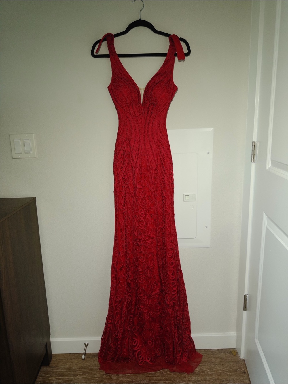 Clarisse Red Lace Evening Gown with Plunging V-Neck